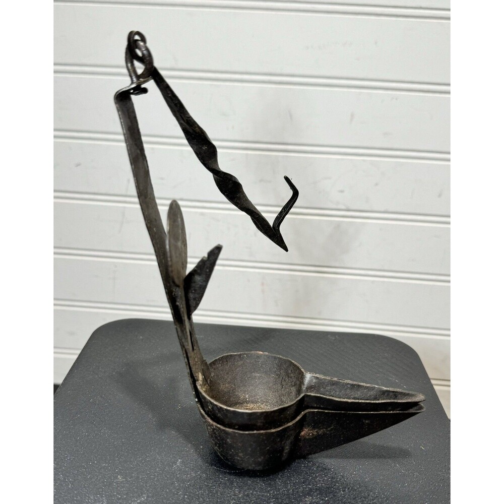 Antique Wrought Iron Whale Oil Fat Double Betty Lamp with Twisted Hanger & hook